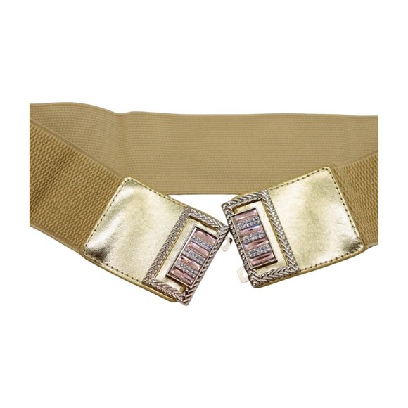 New Women Gold Elastic Wide Fashion Belt Bling Metal Square Buckle S M z089 - Picture 7 of 17